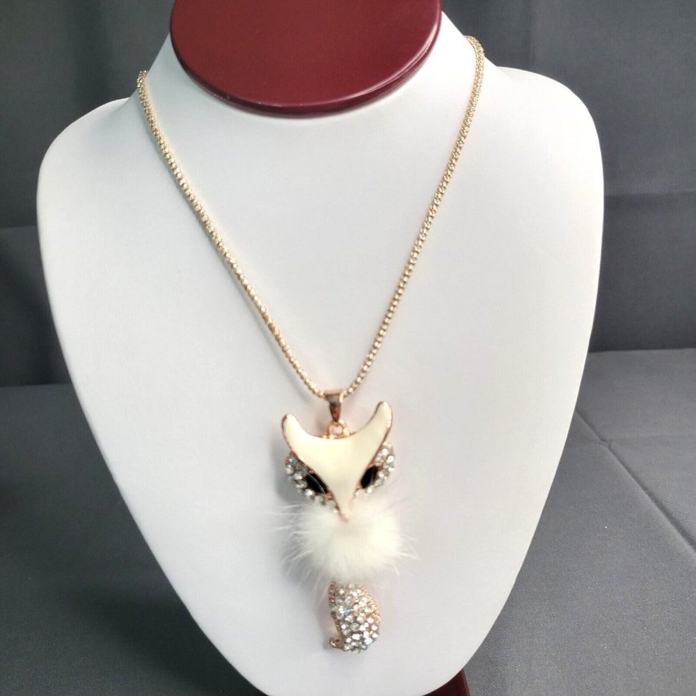 Women's Necklace White Fox Pendant Rhinestone Inlaid Fur Rose Gold Tone 25"